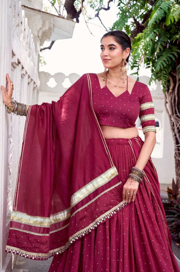 Pure Chanderi Maroon Lehenga Set | Zari Weaving & Embossed Lace Work