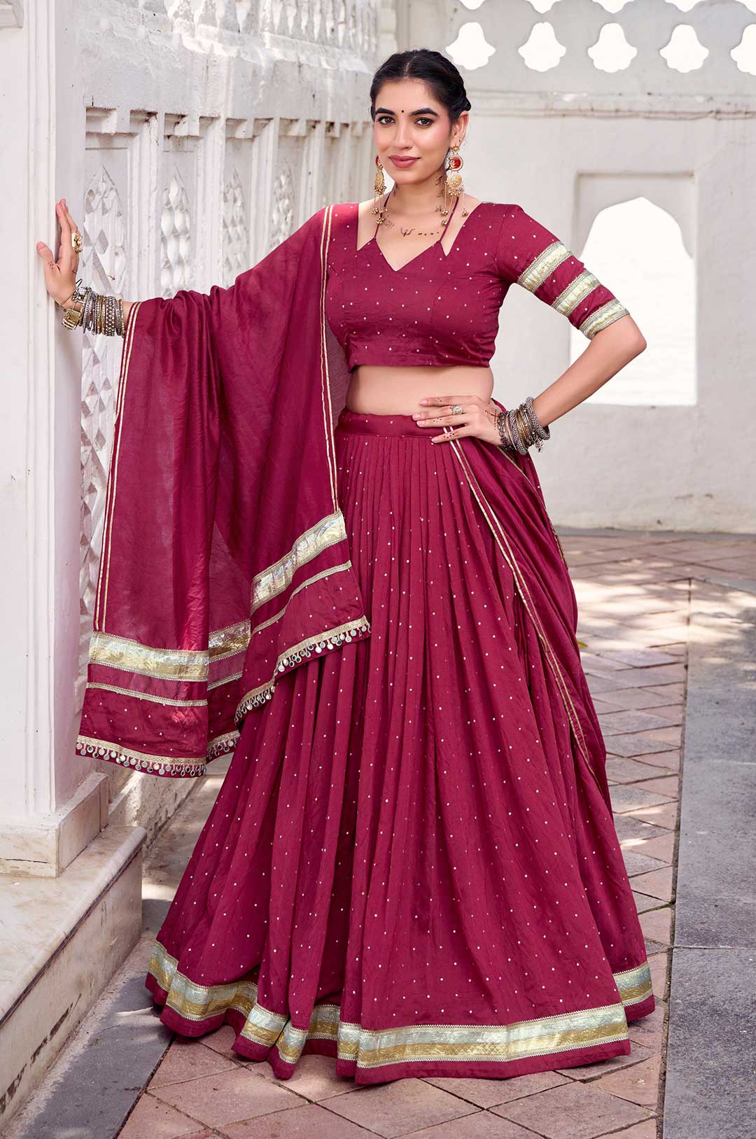 Pure Chanderi Maroon Lehenga Set | Zari Weaving & Embossed Lace Work