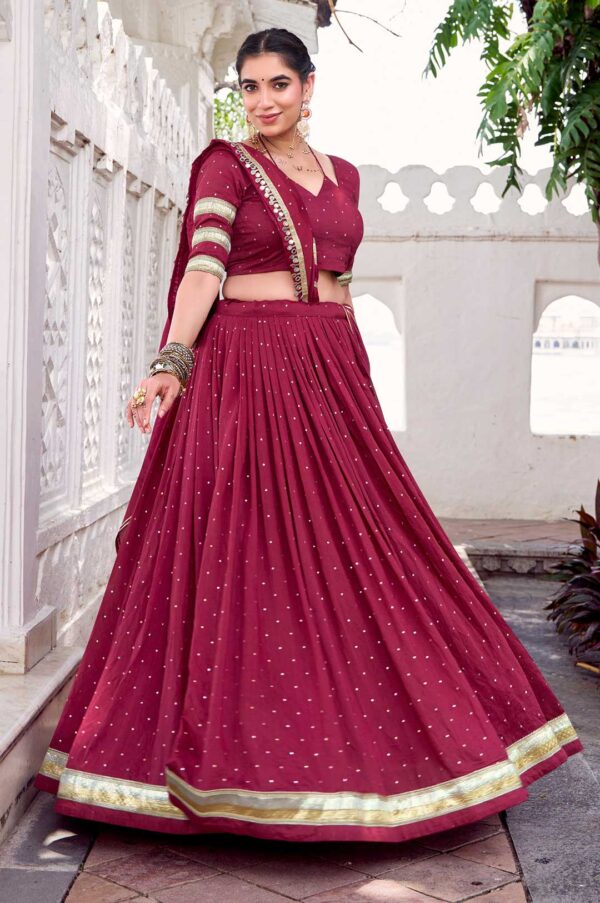 Pure Chanderi Maroon Lehenga Set | Zari Weaving & Embossed Lace Work