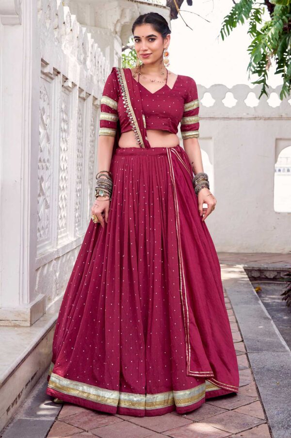 Pure Chanderi Maroon Lehenga Set | Zari Weaving & Embossed Lace Work