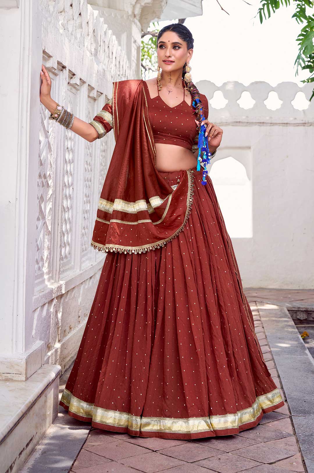 Pure Chanderi Orange Lehenga Set | Zari Weaving & Embossed Lace Work