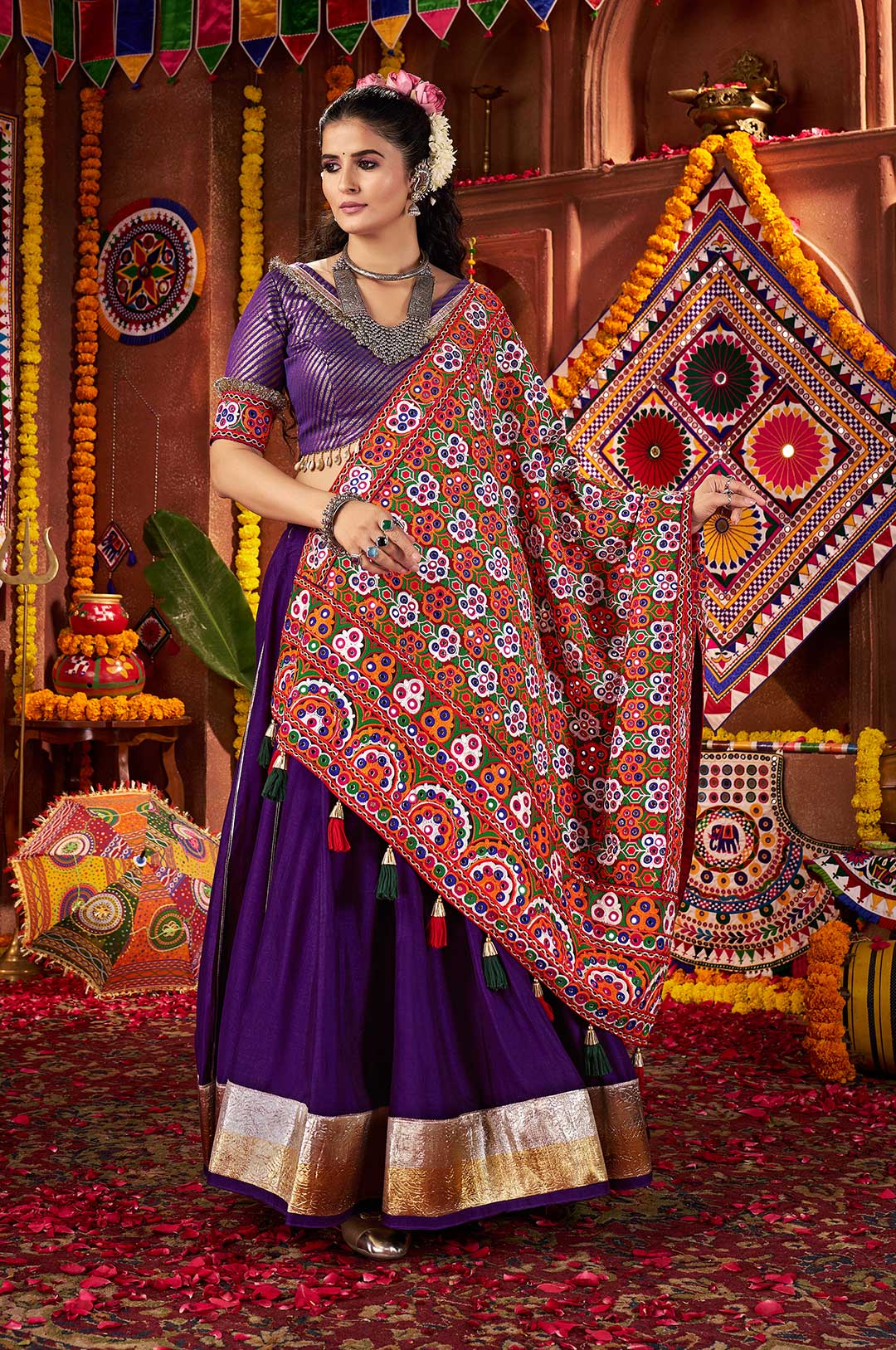 Purple & Green Silk Jacquard Lehenga Choli with Mirror & Thread Embroidery