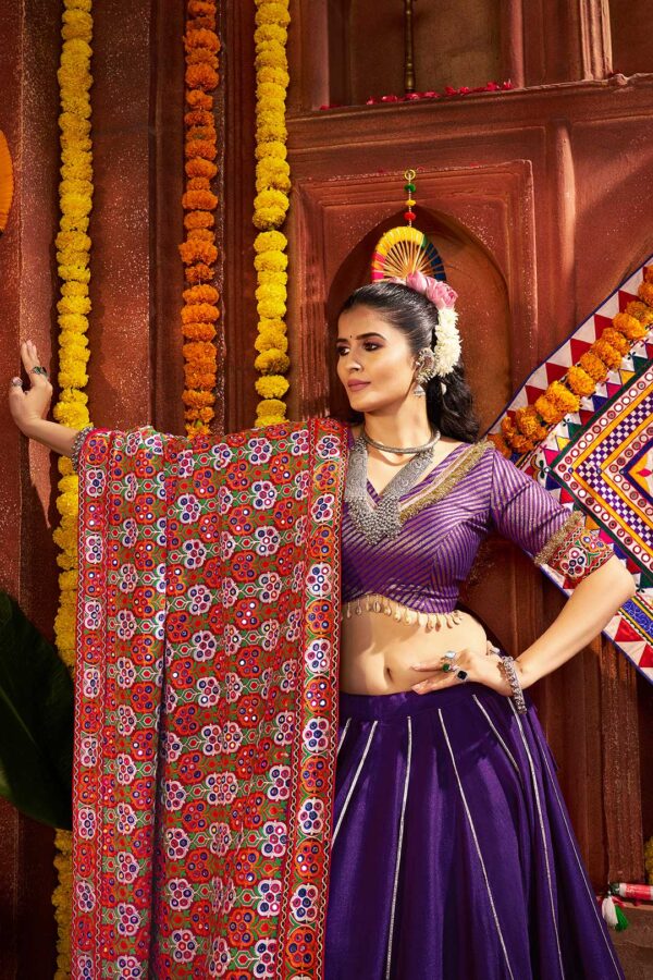 Purple & Green Silk Jacquard Lehenga Choli with Mirror & Thread Embroidery