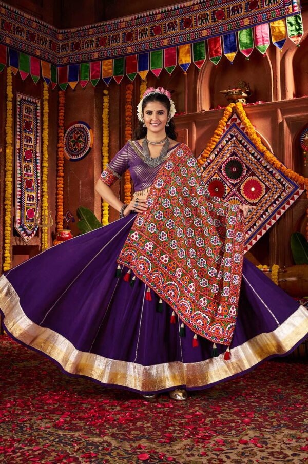 Purple & Green Silk Jacquard Lehenga Choli with Mirror & Thread Embroidery