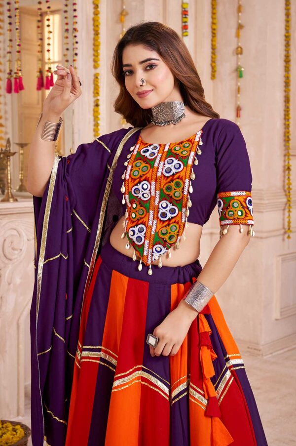 Purple Multi-Color Viscose Cotton Lehenga Choli with Mirror & Kodi Work and Handmade Ribbon Dupatta