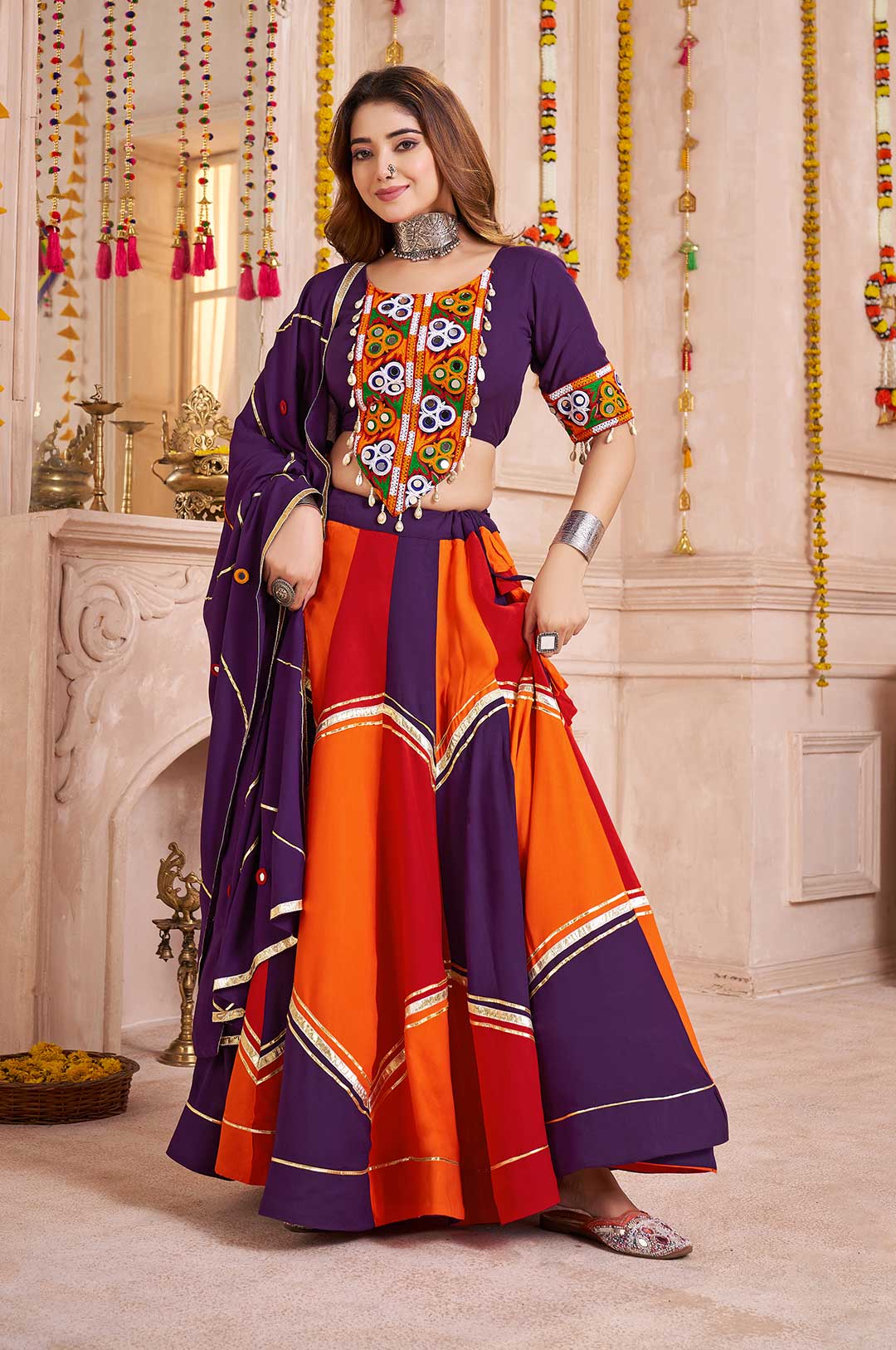 Purple Multi-Color Viscose Cotton Lehenga Choli with Mirror & Kodi Work and Handmade Ribbon Dupatta