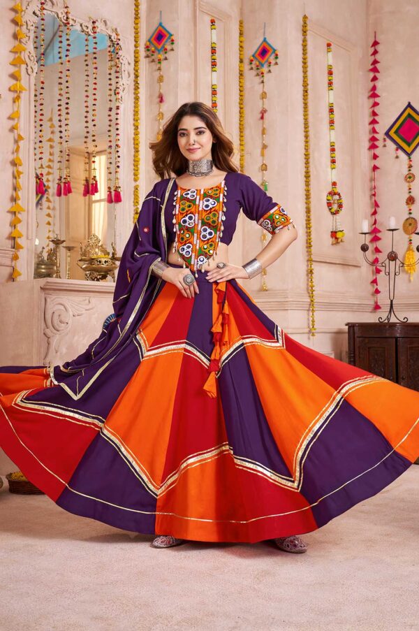 Purple Multi-Color Viscose Cotton Lehenga Choli with Mirror & Kodi Work and Handmade Ribbon Dupatta