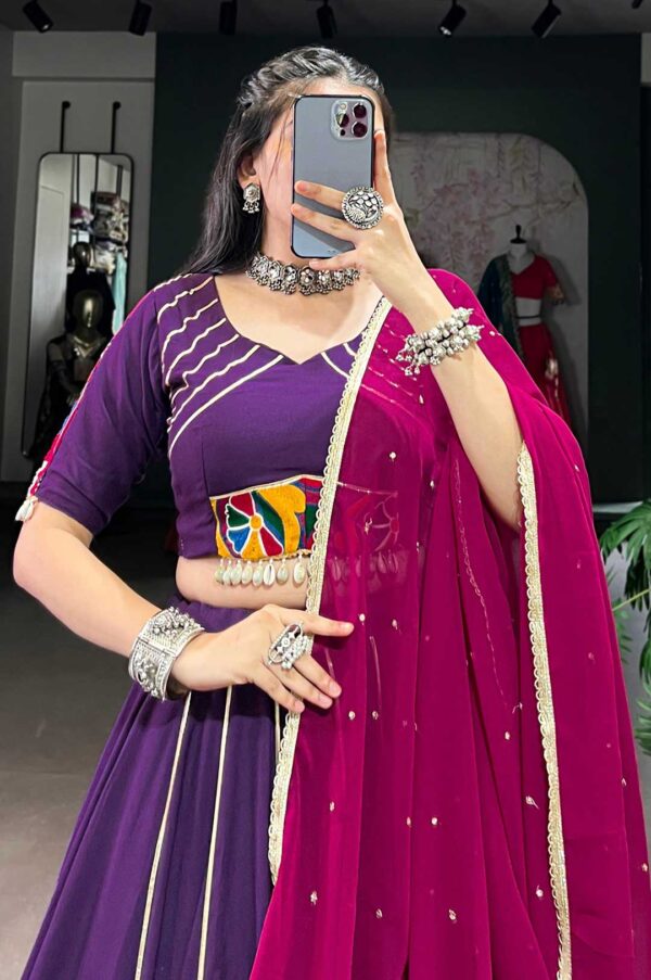 Purple Rayon Mirror Work Lehenga With PInk Georgette Dupatta