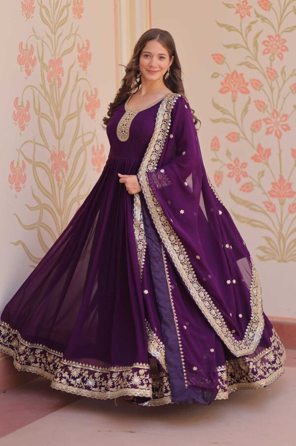 Purple Zari & Sequin Embroidered Gown with Dupatta – Faux Blooming Georgette
