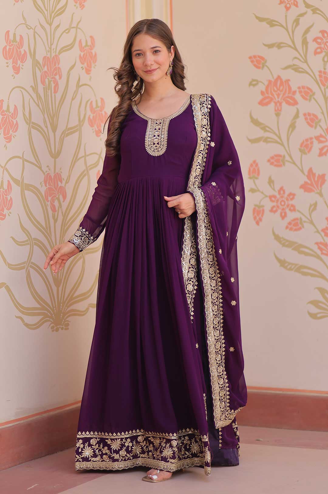 Purple Zari & Sequin Embroidered Gown with Dupatta – Faux Blooming Georgette