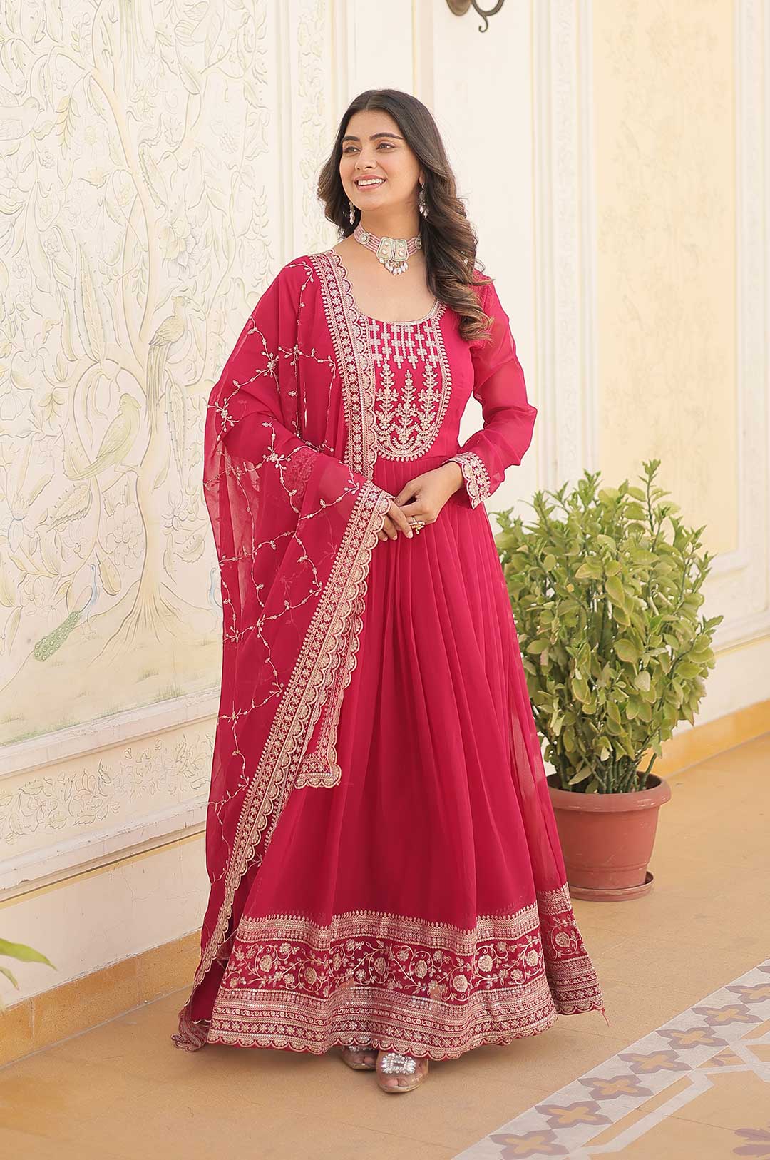 Radiant Pink Embroidered Gown Set | Shine Bright in Regal Grace