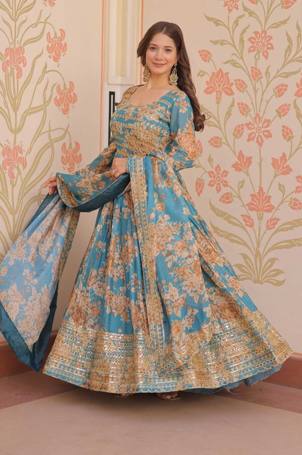 Rama Russian Silk Gown – Digital Print & Sequin Embellished Glamour