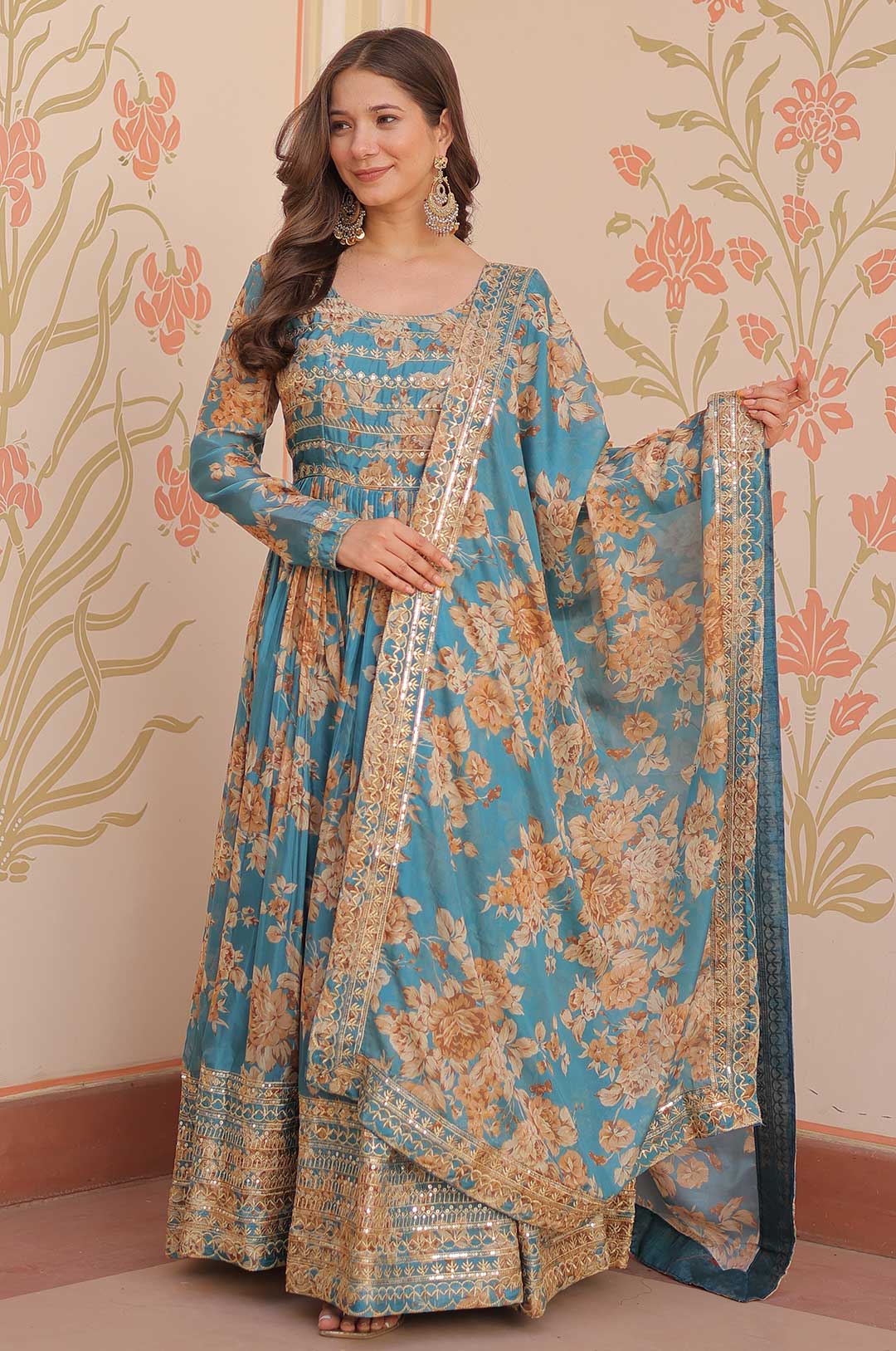 Rama Russian Silk Gown – Digital Print & Sequin Embellished Glamour