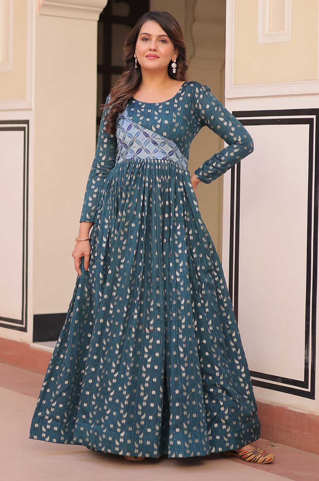 Rama Staple Jacquard Woven Gown with Position Print Choli