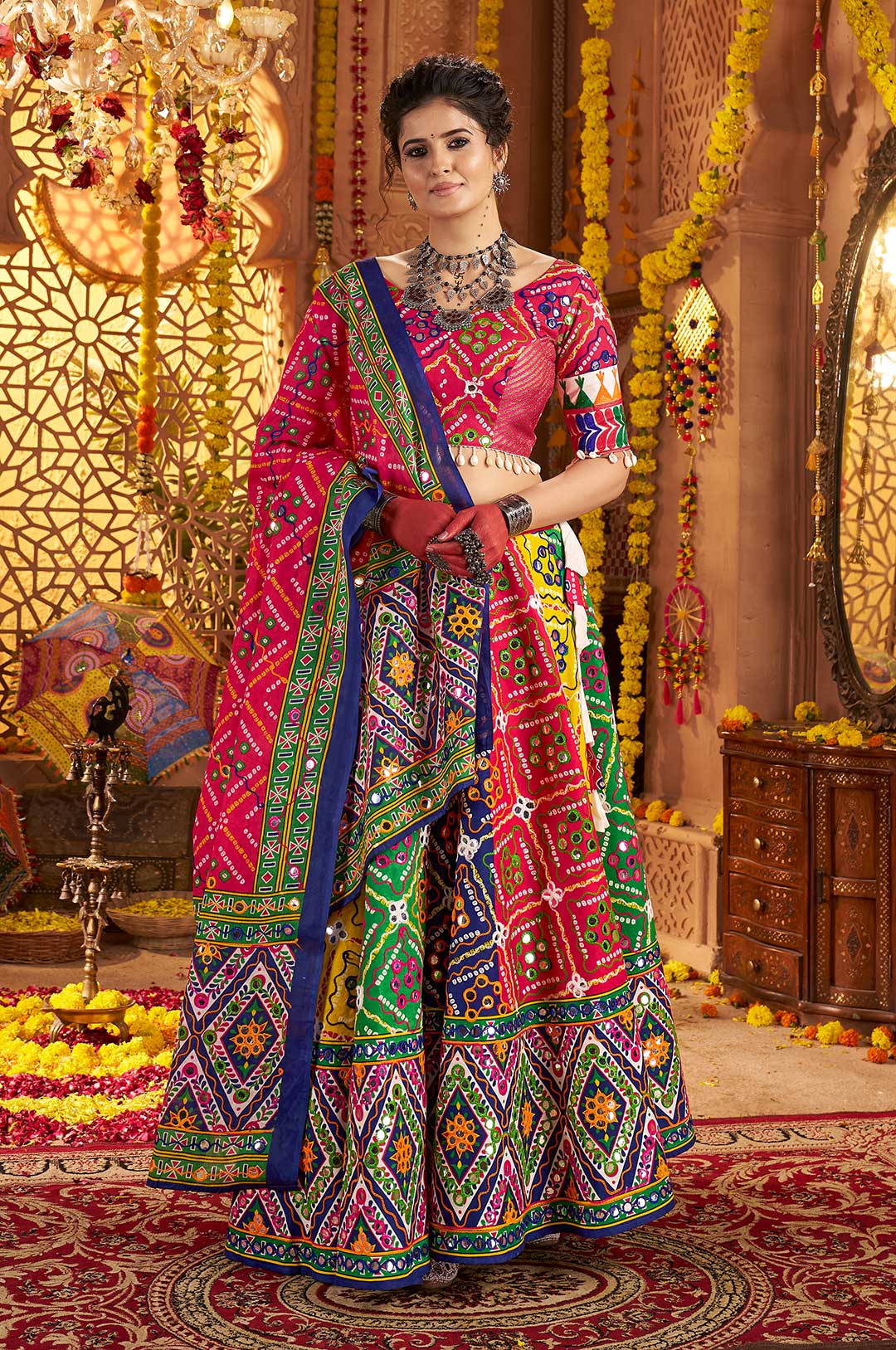 Rani Pink Multicolor Organic Cotton Navratri Lehenga Choli with Aari & Mirror Work