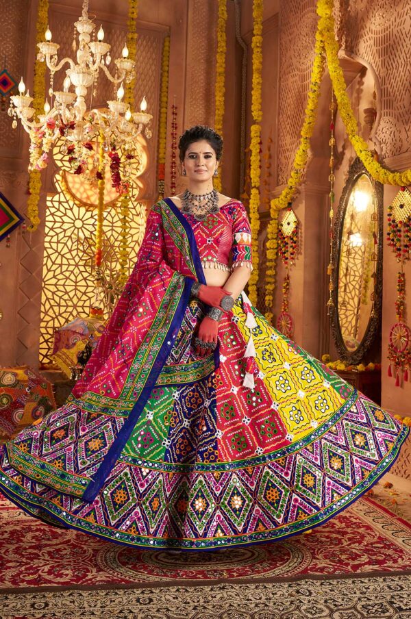 Rani Pink Multicolor Organic Cotton Navratri Lehenga Choli with Aari & Mirror Work