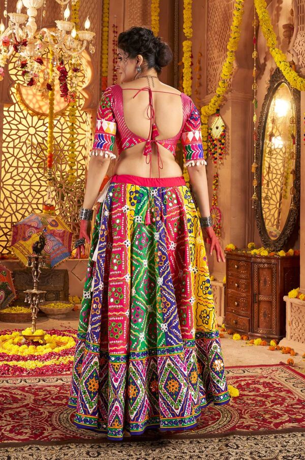 Rani Pink Multicolor Organic Cotton Navratri Lehenga Choli with Aari & Mirror Work