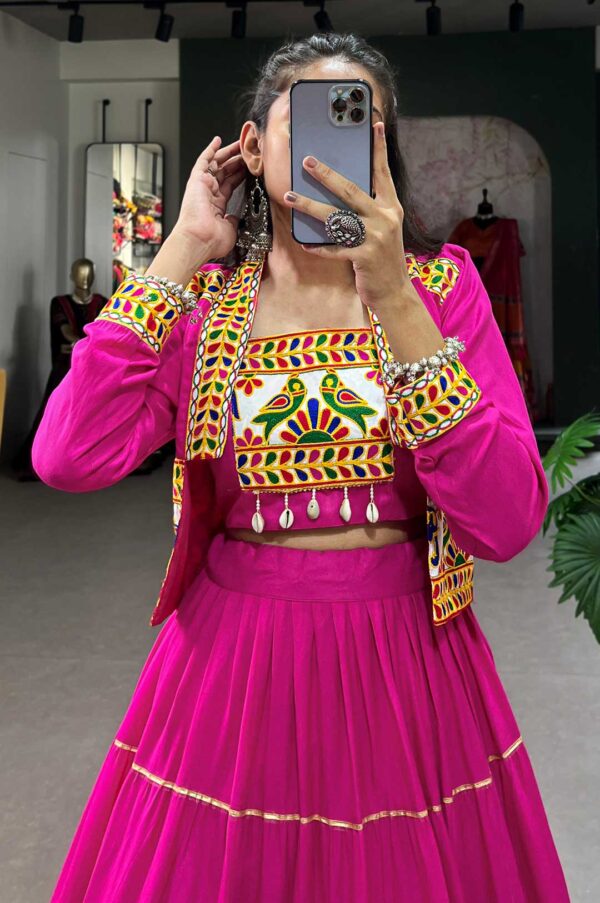 Rani Pink Pure Rayon Navratri Lehenga with Gamthi Embroidered Blouse & Koti