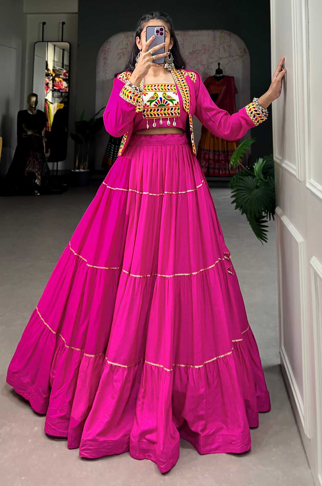 Rani Pink Pure Rayon Navratri Lehenga with Gamthi Embroidered Blouse & Koti