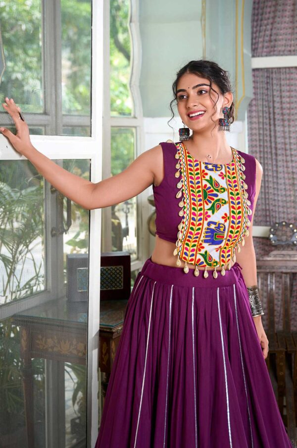 Wine Rayon Gamthi Work Lehenga with Cowrie Lace Blouse – 6M Flair