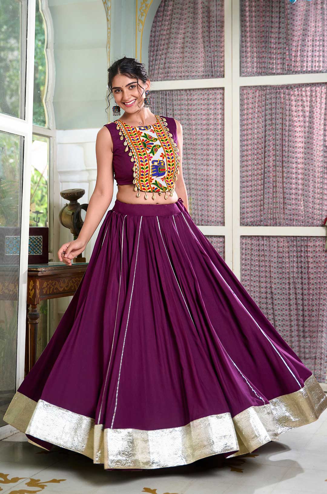 Wine Rayon Gamthi Work Lehenga with Cowrie Lace Blouse – 6M Flair