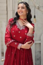 Regal-Maroon-Faux-Blooming-Gown-with-Sequins-&amp;-Arco-Cut-Dupatta-