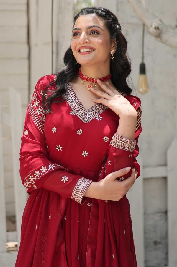 Regal Maroon Faux Blooming Gown with Sequins & Arco-Cut Dupatta