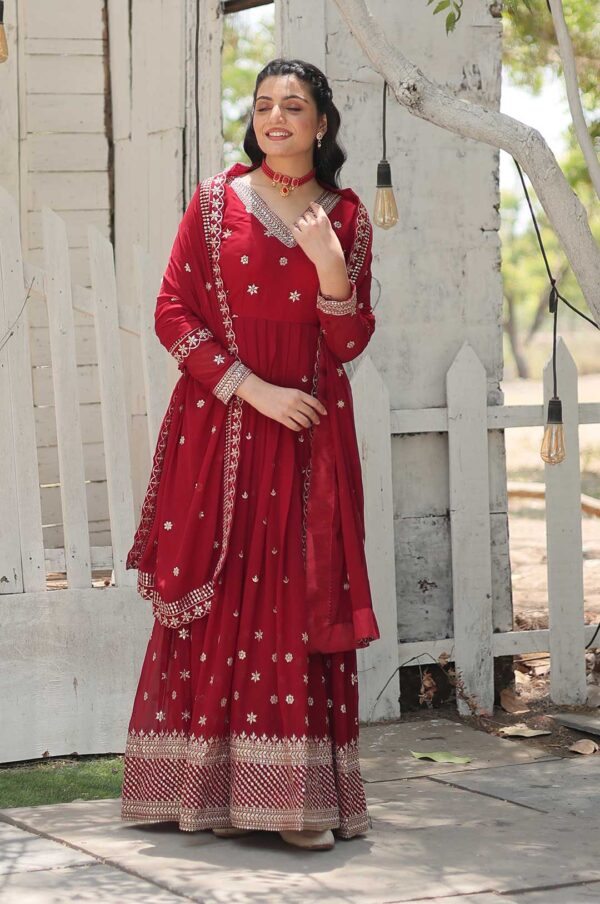 Regal Maroon Faux Blooming Gown with Sequins & Arco-Cut Dupatta