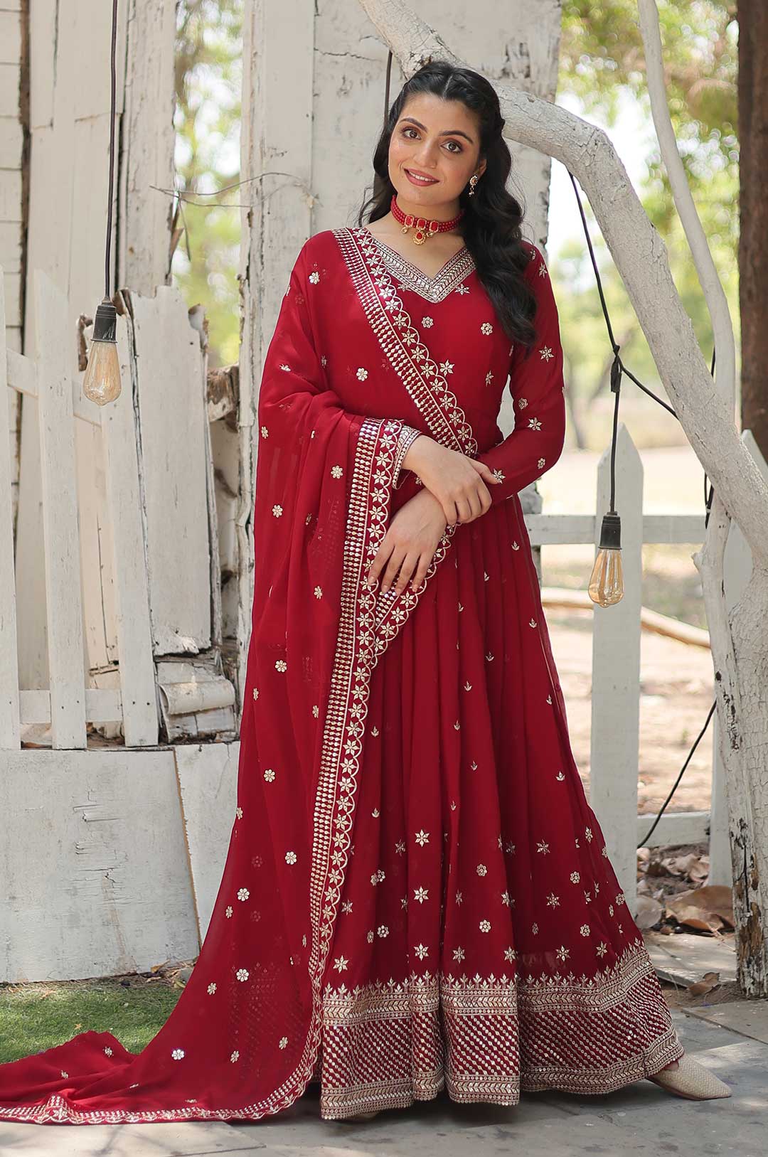 Regal Maroon Faux Blooming Gown with Sequins & Arco-Cut Dupatta