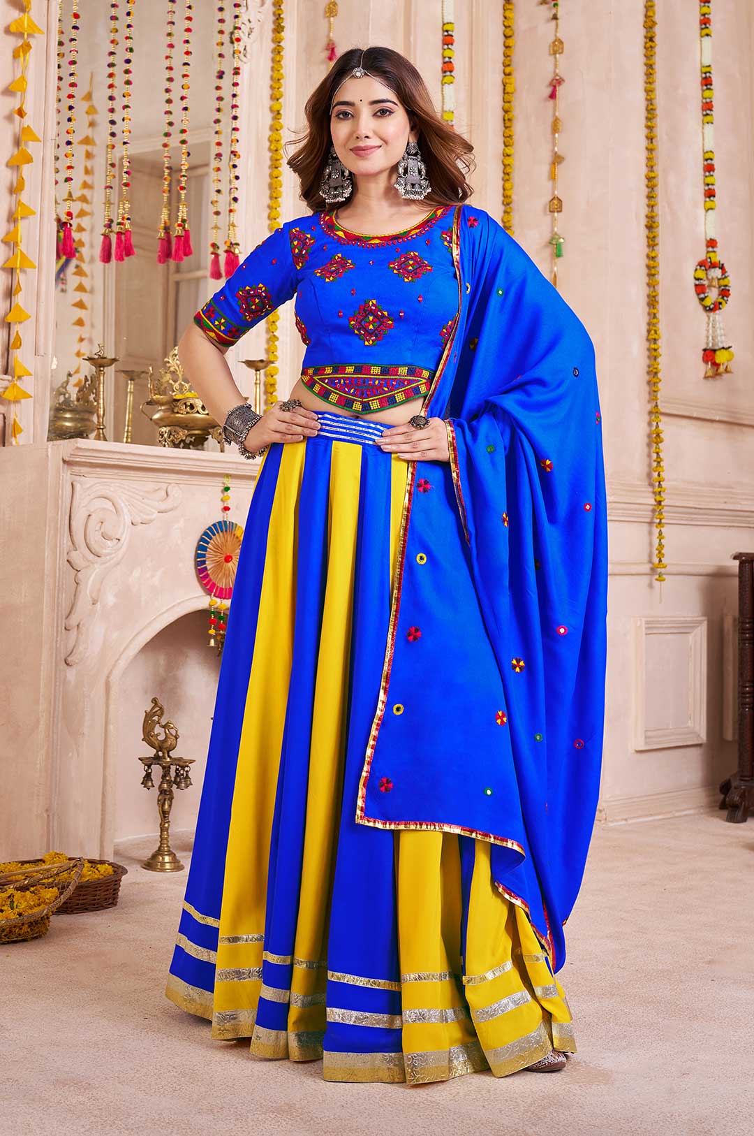 Royal Blue Multicolor Navratri Lehenga Choli in Viscose Cotton with Hand Mirror Work