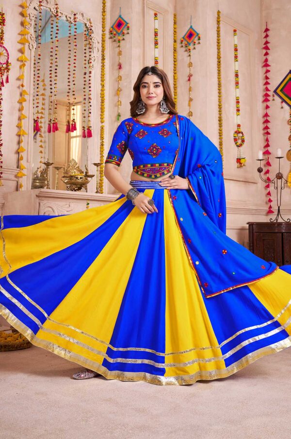 Royal Blue Multicolor Navratri Lehenga Choli in Viscose Cotton with Hand Mirror Work