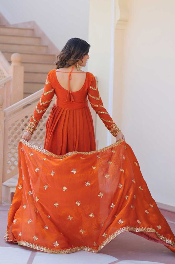 Royal Fendy Orange Gown With Embroidered Dupatta – Festive & Wedding Wear