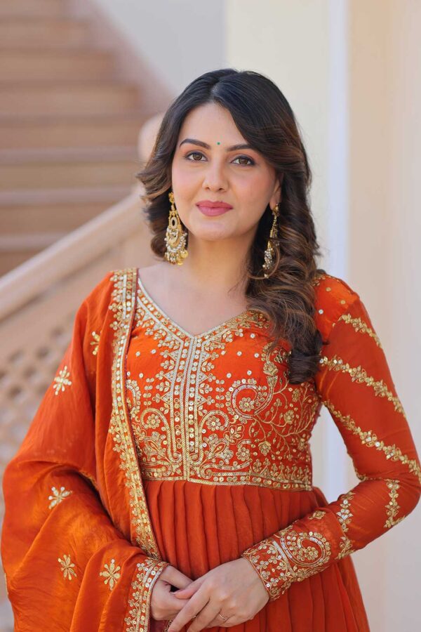Royal Fendy Orange Gown With Embroidered Dupatta – Festive & Wedding Wear