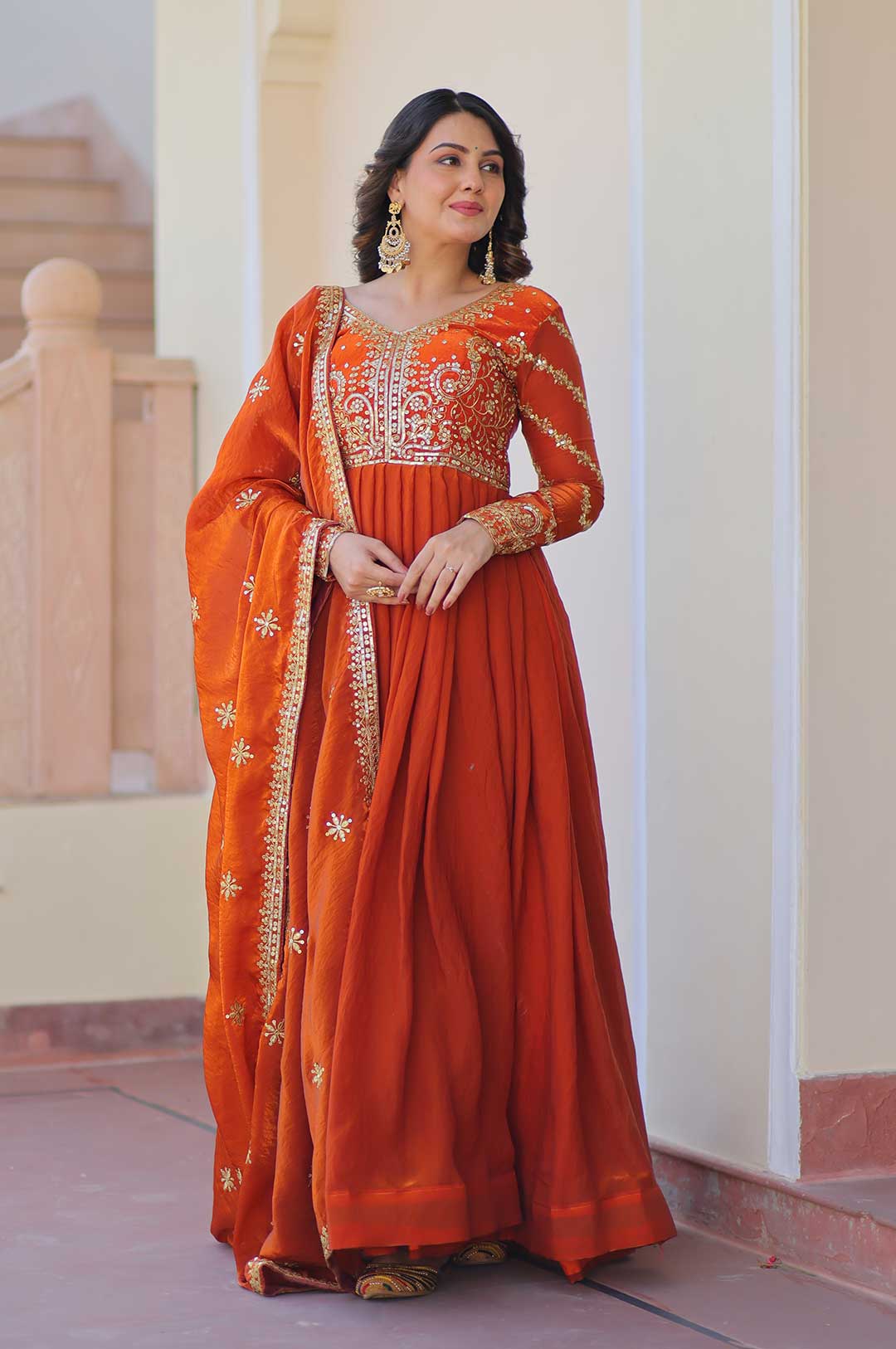 Royal Fendy Orange Gown With Embroidered Dupatta – Festive & Wedding Wear