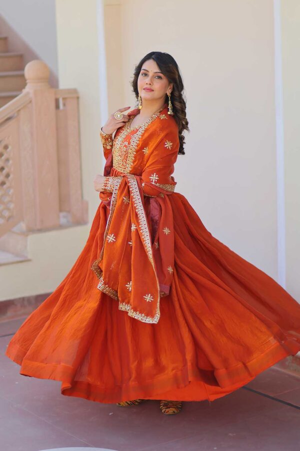 Royal Fendy Orange Gown With Embroidered Dupatta – Festive & Wedding Wear