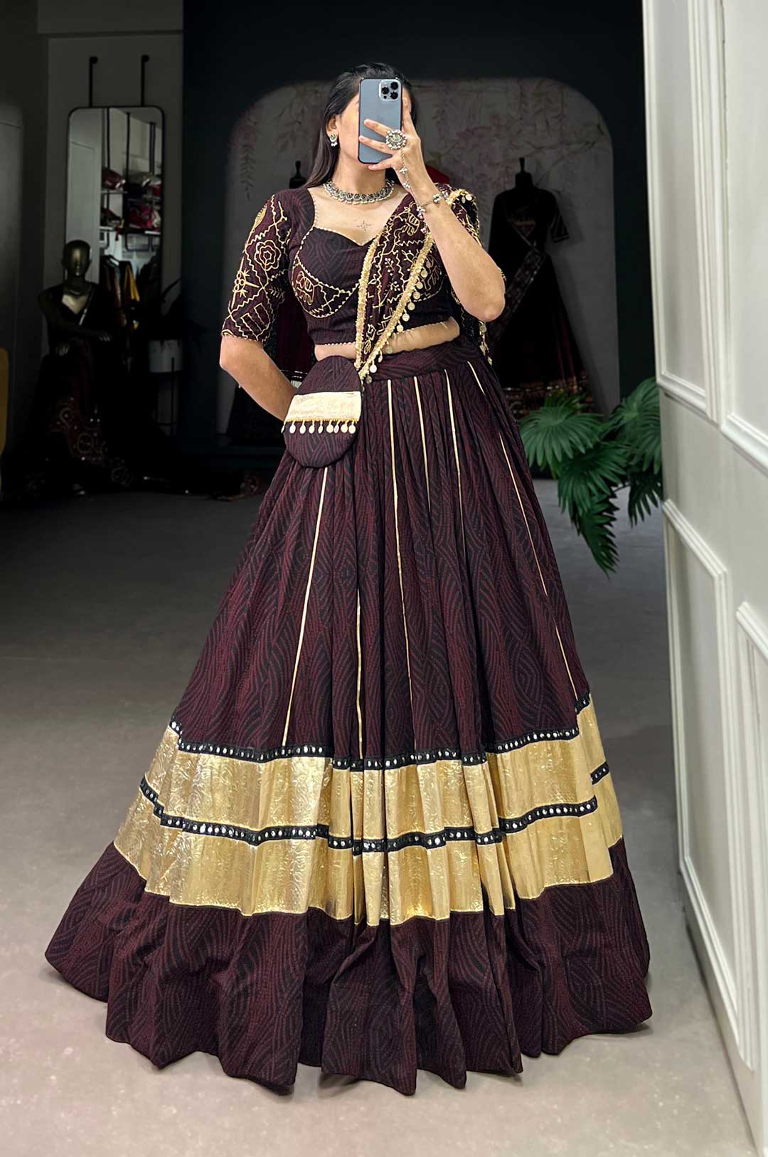 Royal Maroon Bandhej Georgette Lehenga Set with Purse