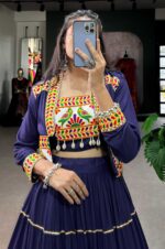 Royal-Navy-Blue-Pure-Rayon-Lehenga-Set-with-Gamthi-Work-Blouse-&amp;-Koti