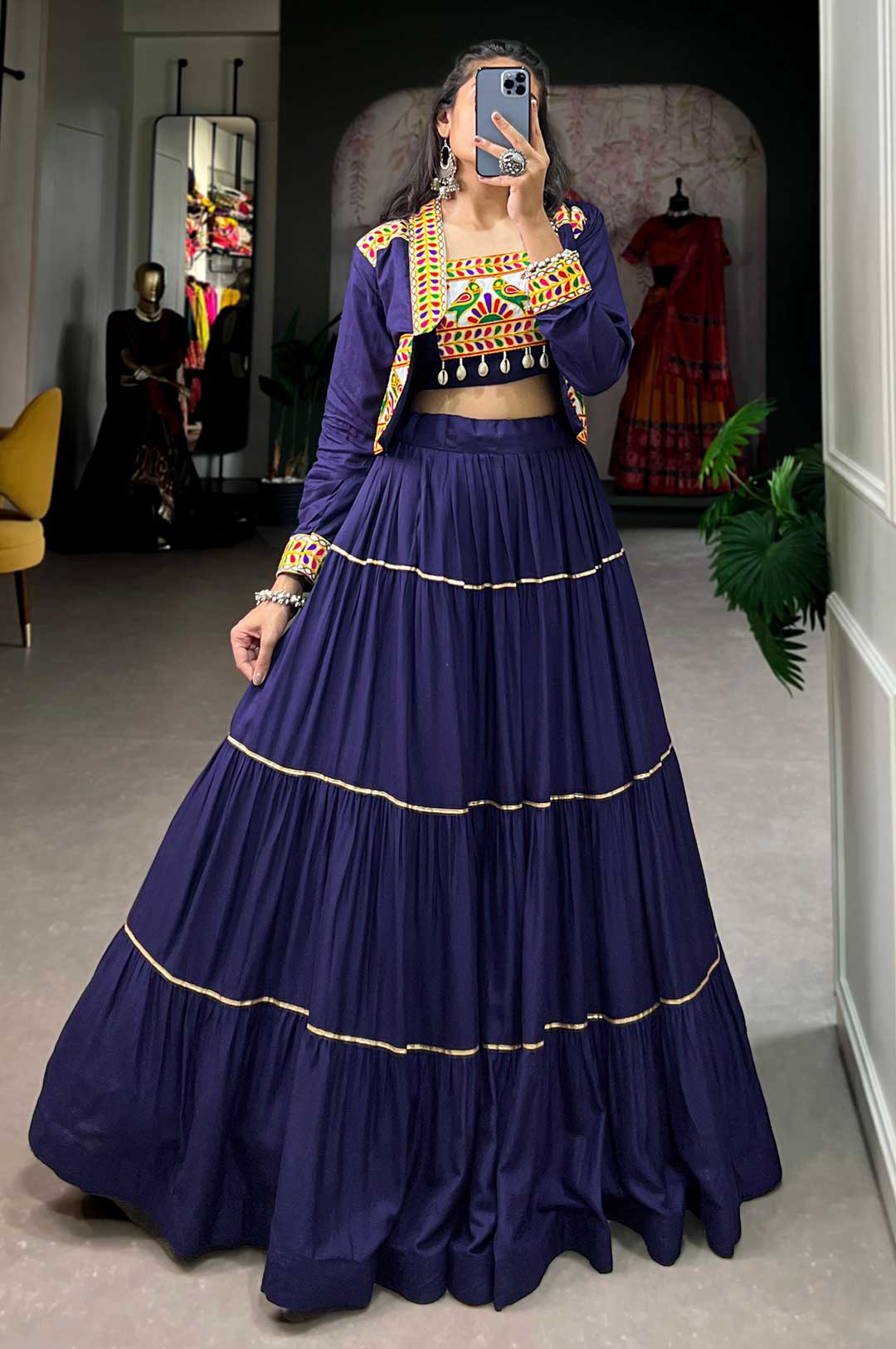 Royal Navy Blue Pure Rayon Lehenga Set with Gamthi Work Blouse & Koti