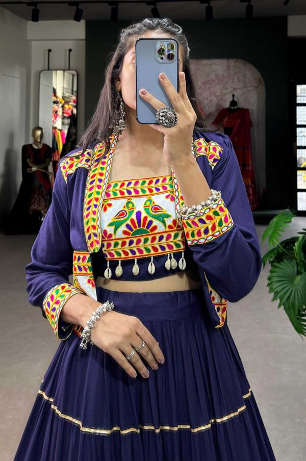 Royal Navy Blue Pure Rayon Lehenga Set with Gamthi Work Blouse & Koti