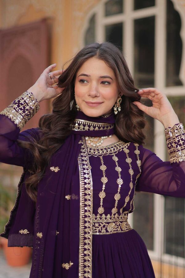 Royal Purple Faux Blooming Gown with Heavy Zari & Sequins Embroidery