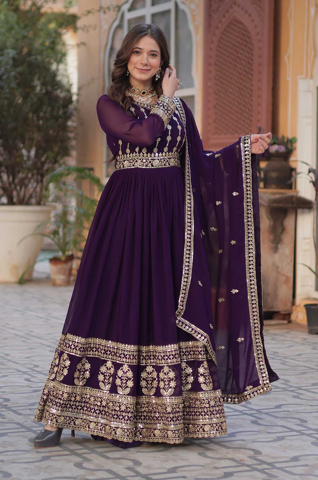 Royal Purple Faux Blooming Gown with Heavy Zari & Sequins Embroidery