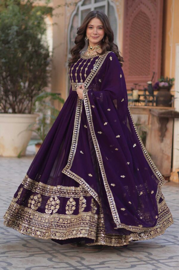 Royal Purple Faux Blooming Gown with Heavy Zari & Sequins Embroidery