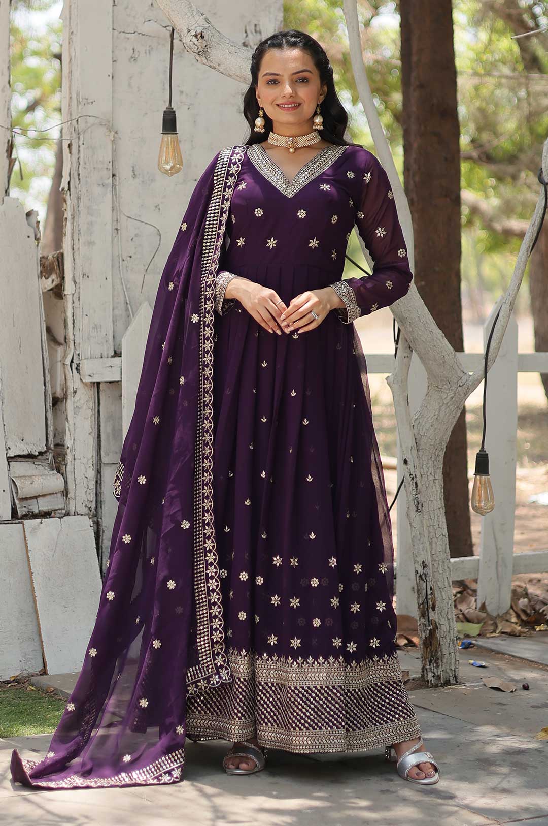 Royal Purple Faux Blooming Gown with Sequins & Arco-Cut Dupatta