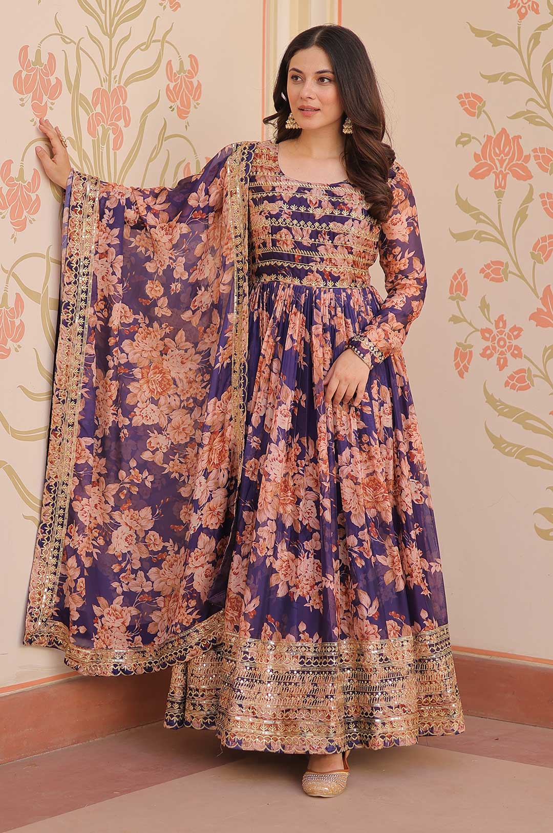 Majestic Purple Russian Silk Gown – Digital Print & Sequin Embellished Glamour