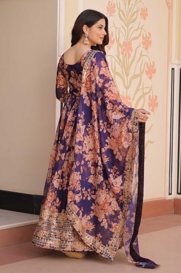 Majestic Purple Russian Silk Gown – Digital Print & Sequin Embellished Glamour