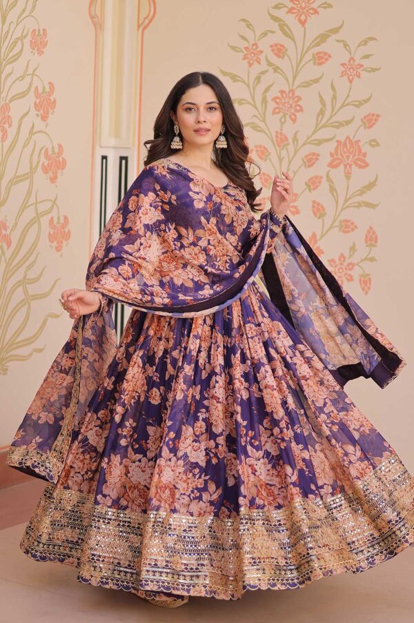 Majestic Purple Russian Silk Gown – Digital Print & Sequin Embellished Glamour
