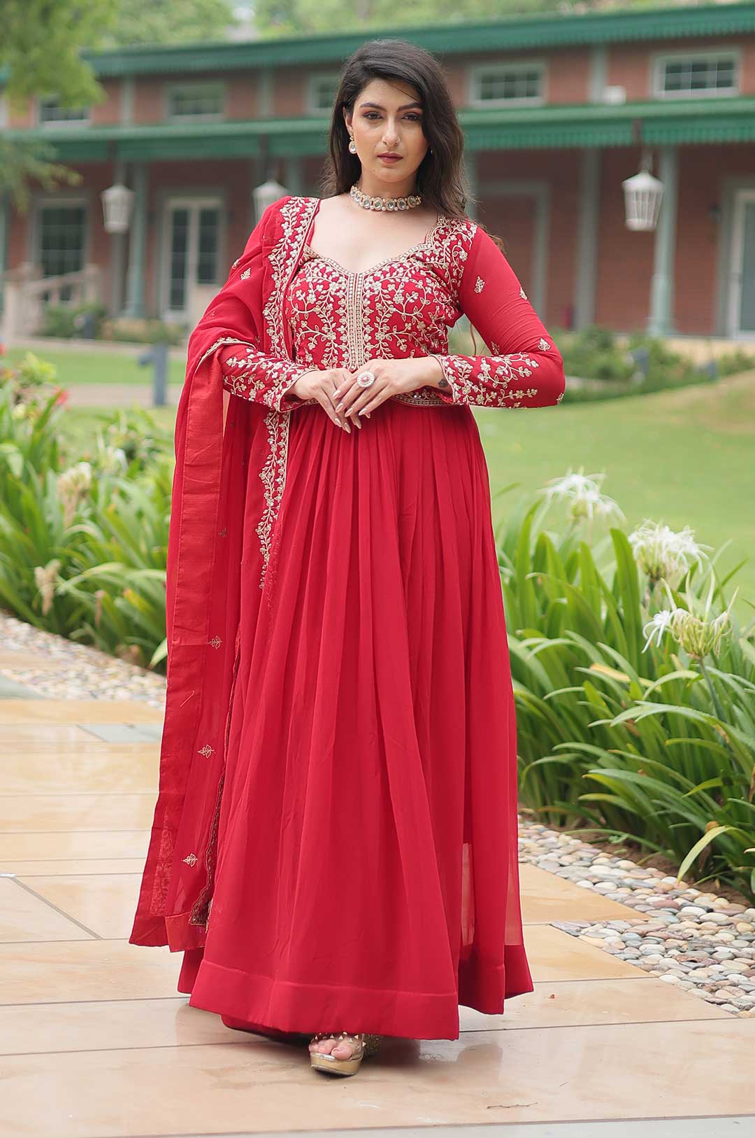 Royal Red Faux Blooming Gown with Multi Zari & Sequins Embroidery