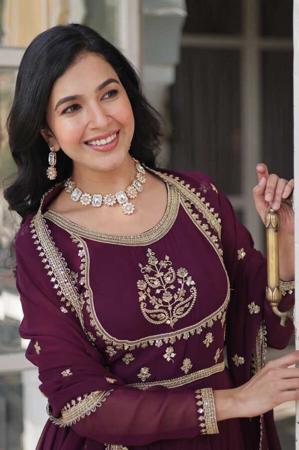 Royal Wine Faux Georgette Gown with Sequins Embroidery