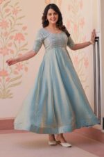Sky-Gown-with-Sequins-and-Thread-Embroidered-Yoke---Round-Neck-4