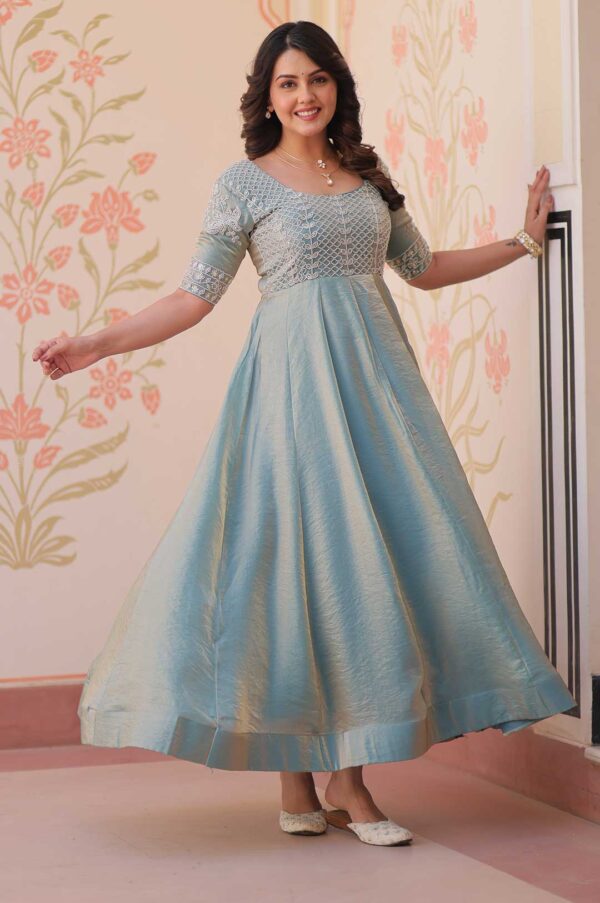 Sky Gown with Sequins and Thread Embroidered Yoke - Round Neck